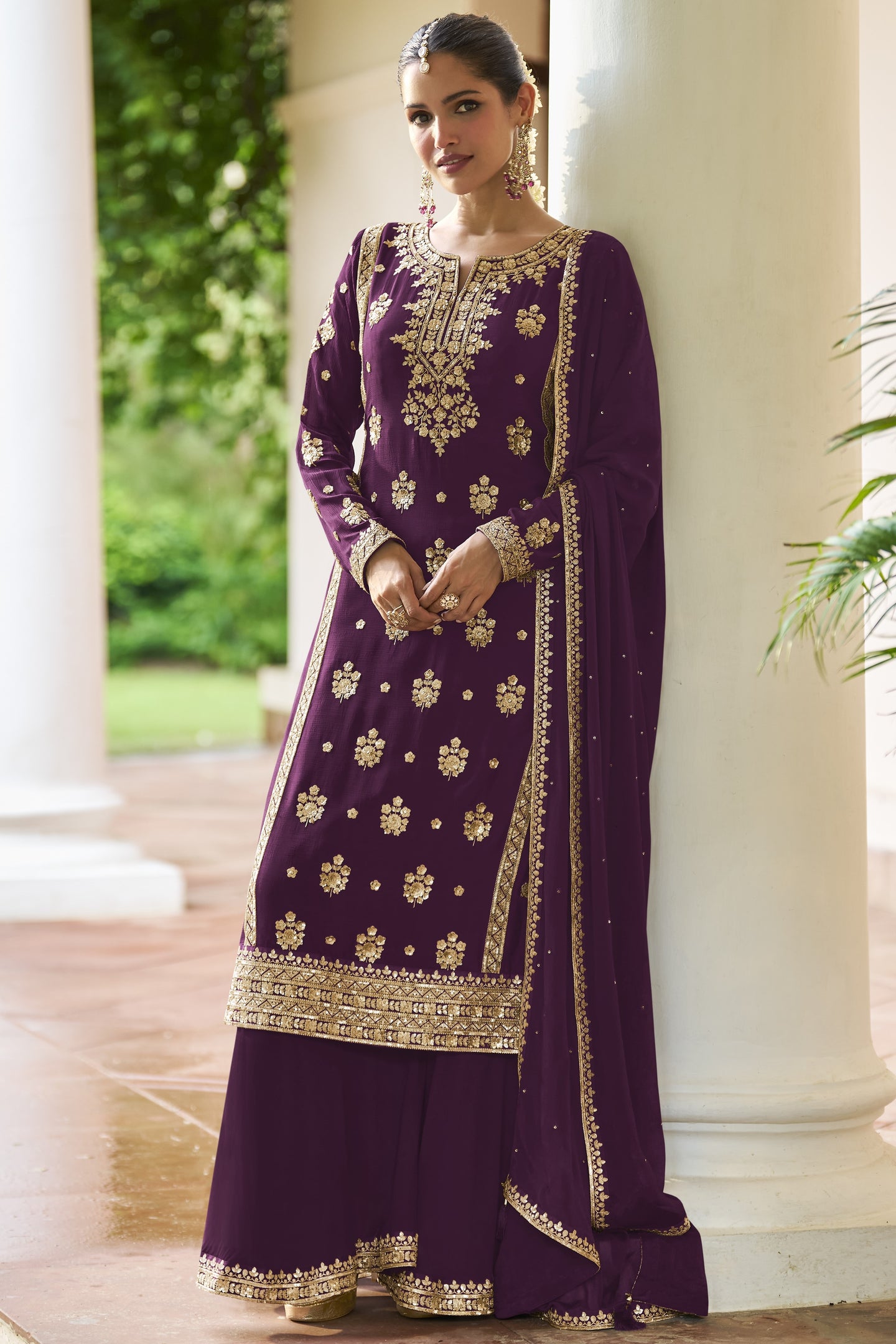 Plum Straight Cut Pakistani Suit with Sequins Thread Embroidery Chinon Silk Palazzo Suit