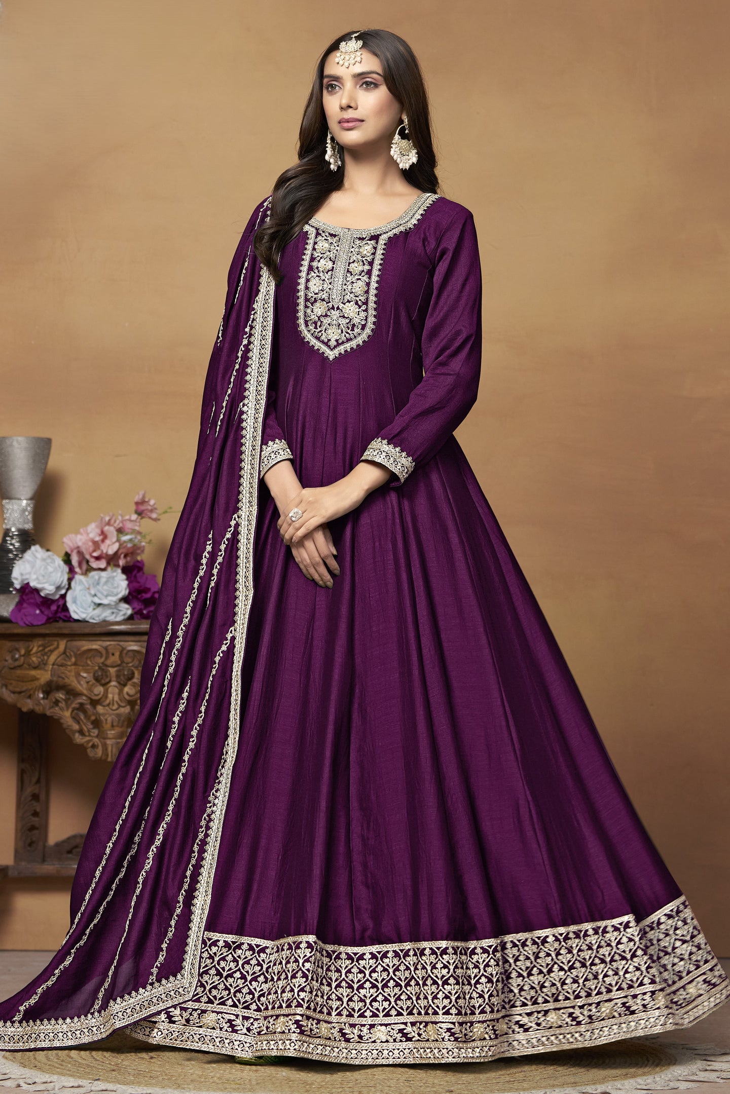 Plum Art Silk Plain Anarkali Suit with Sequins and Dori Work