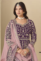 Plum Velvet Anarkali Velvet Suit Women with Thread and Sequins Embroidery