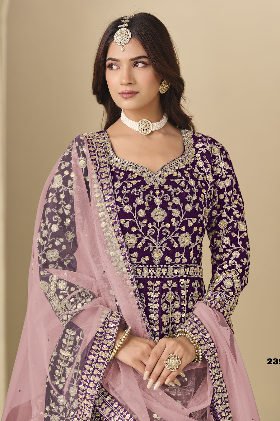 Plum Velvet Anarkali Velvet Suit Women with Thread and Sequins Embroidery