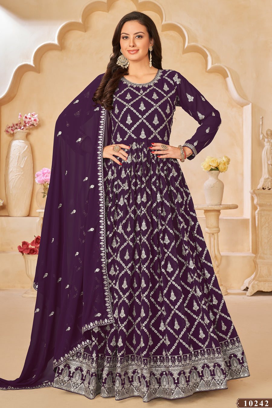 Plum Georgette Sequins and Thread Work Anarkali Wear Suit