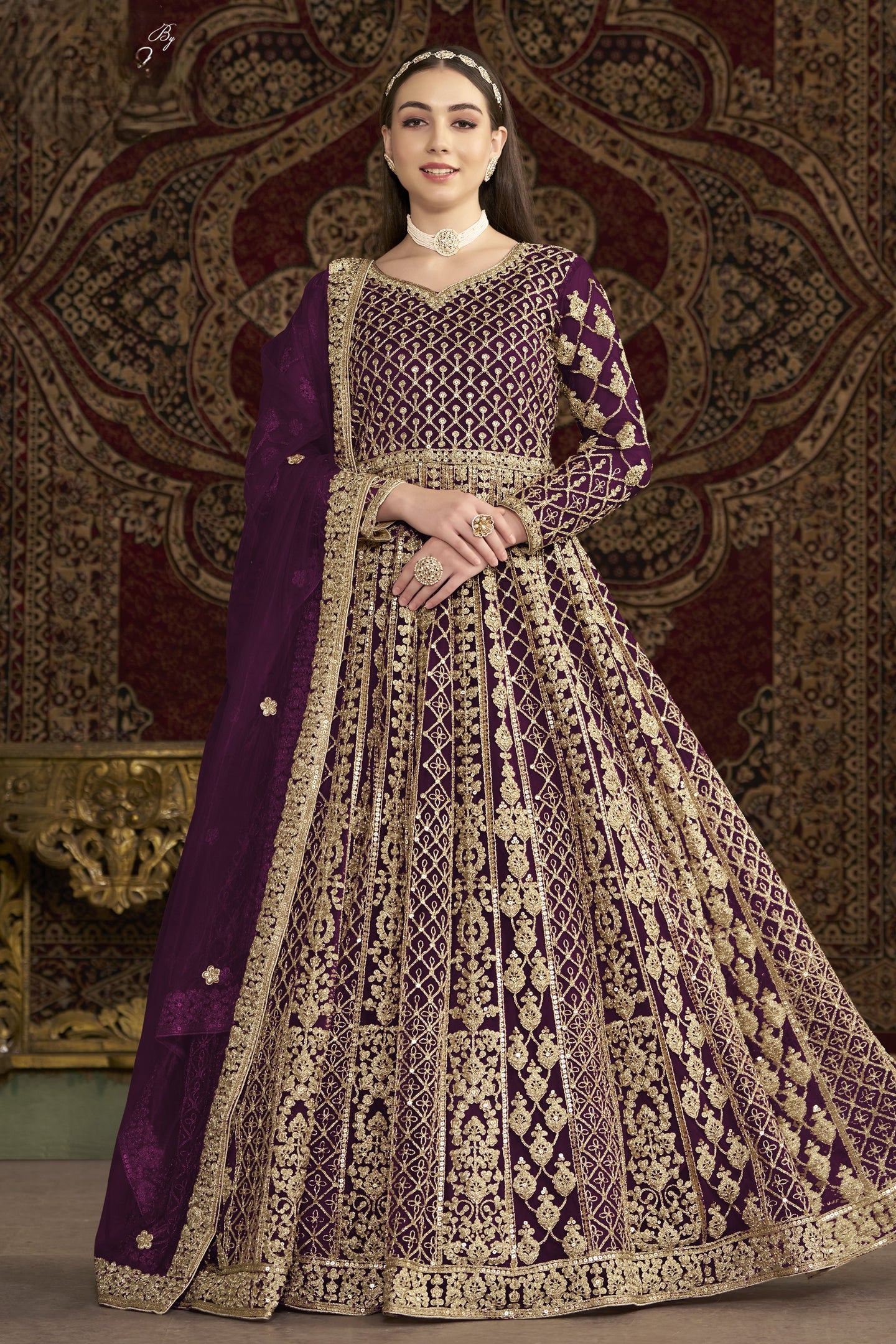 Plum Net Anarkali Suits for Wedding with Dori and Sequins Work