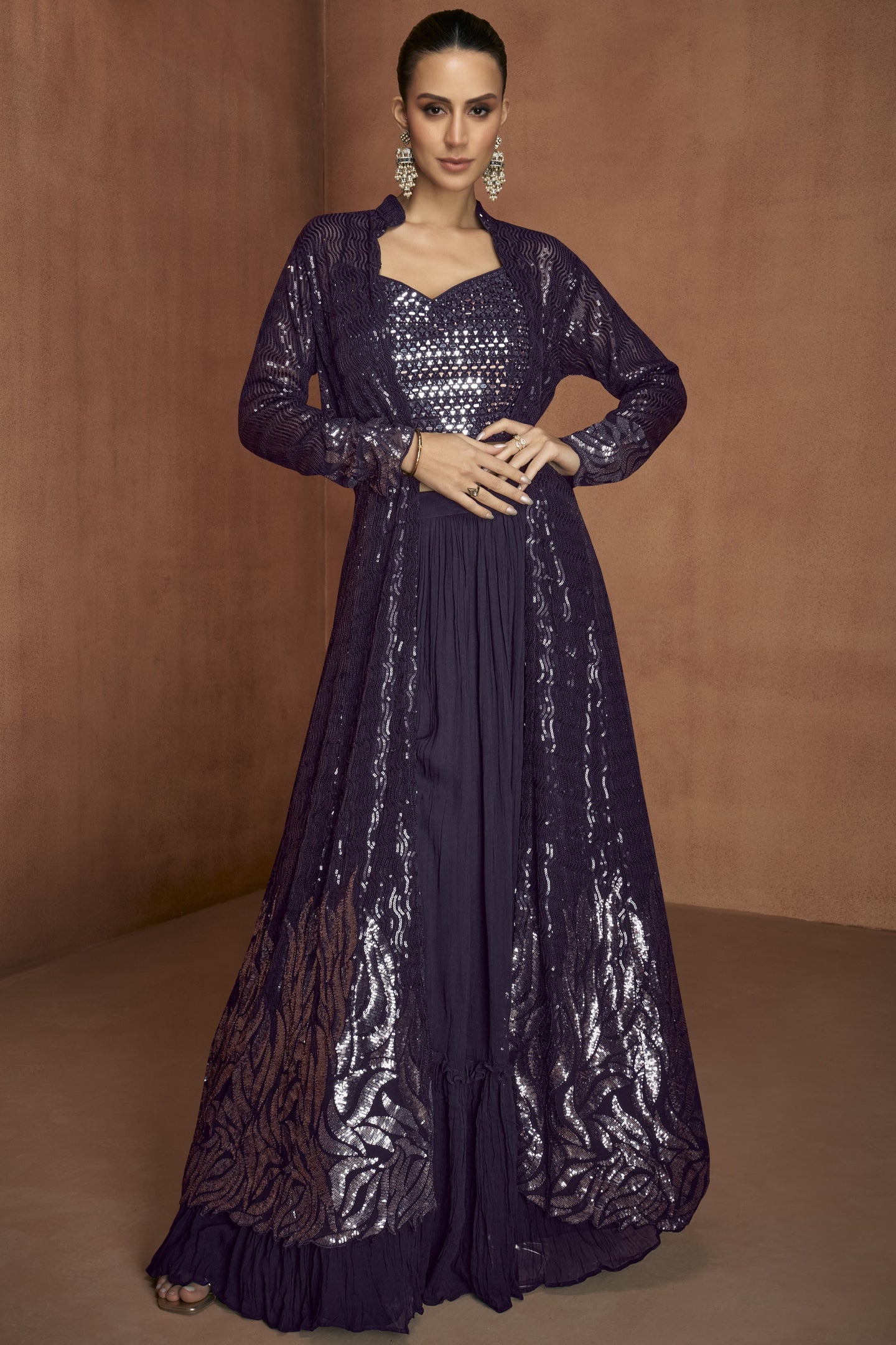 Party Wear Dress for Plum Georgette Palazzo Suit Jacket Sequin Mirror Work