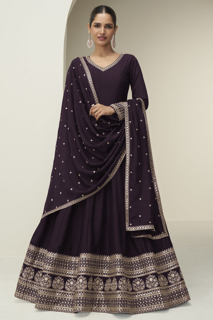 Plum Premium Silk Anarkali Dress for Wedding with Thread and Sequins Embroidery