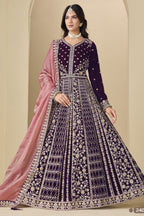 Plum Velvet Suit Women Anarkali with Dori and Sequins Work