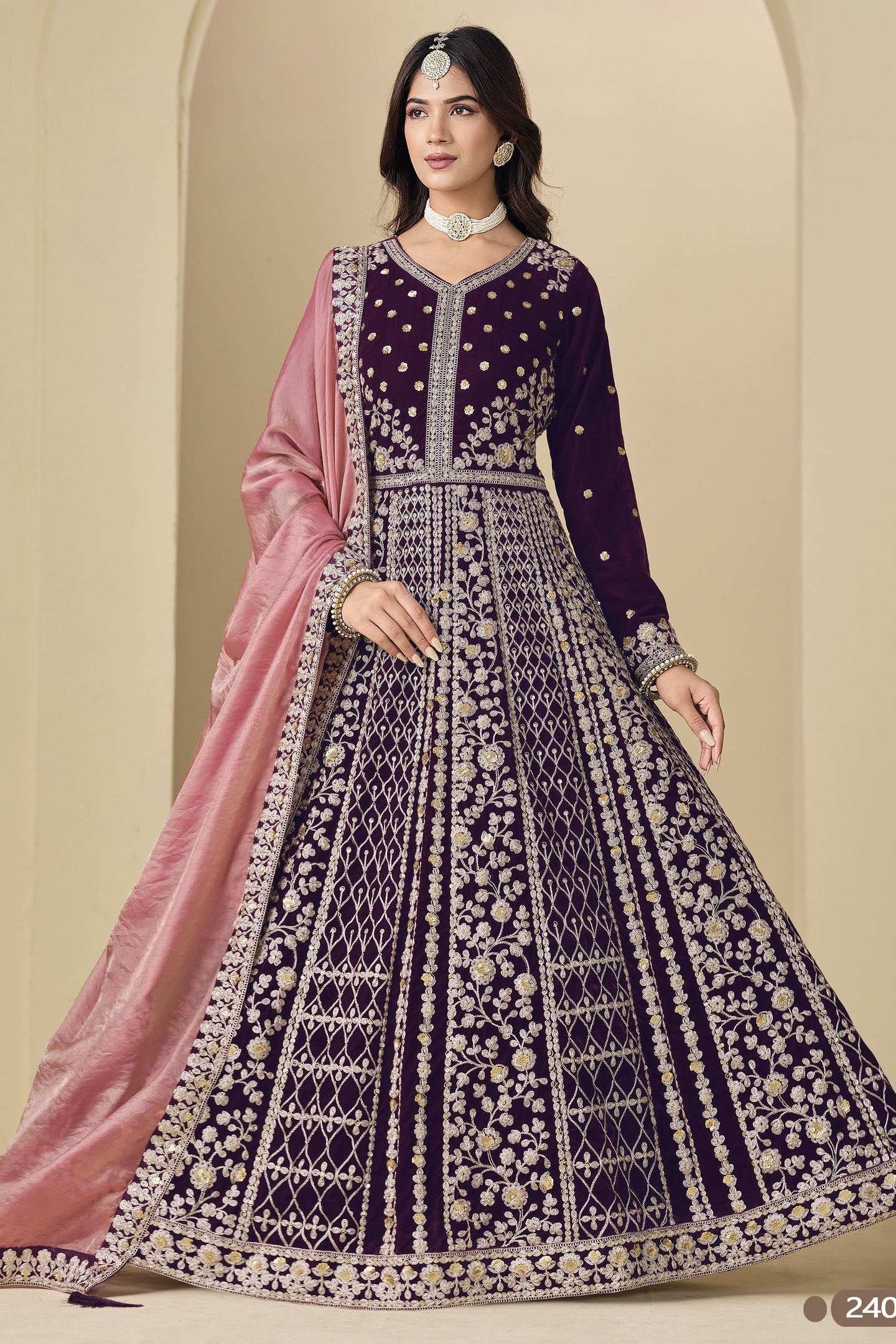 Plum Velvet Suit Women Anarkali with Dori and Sequins Work