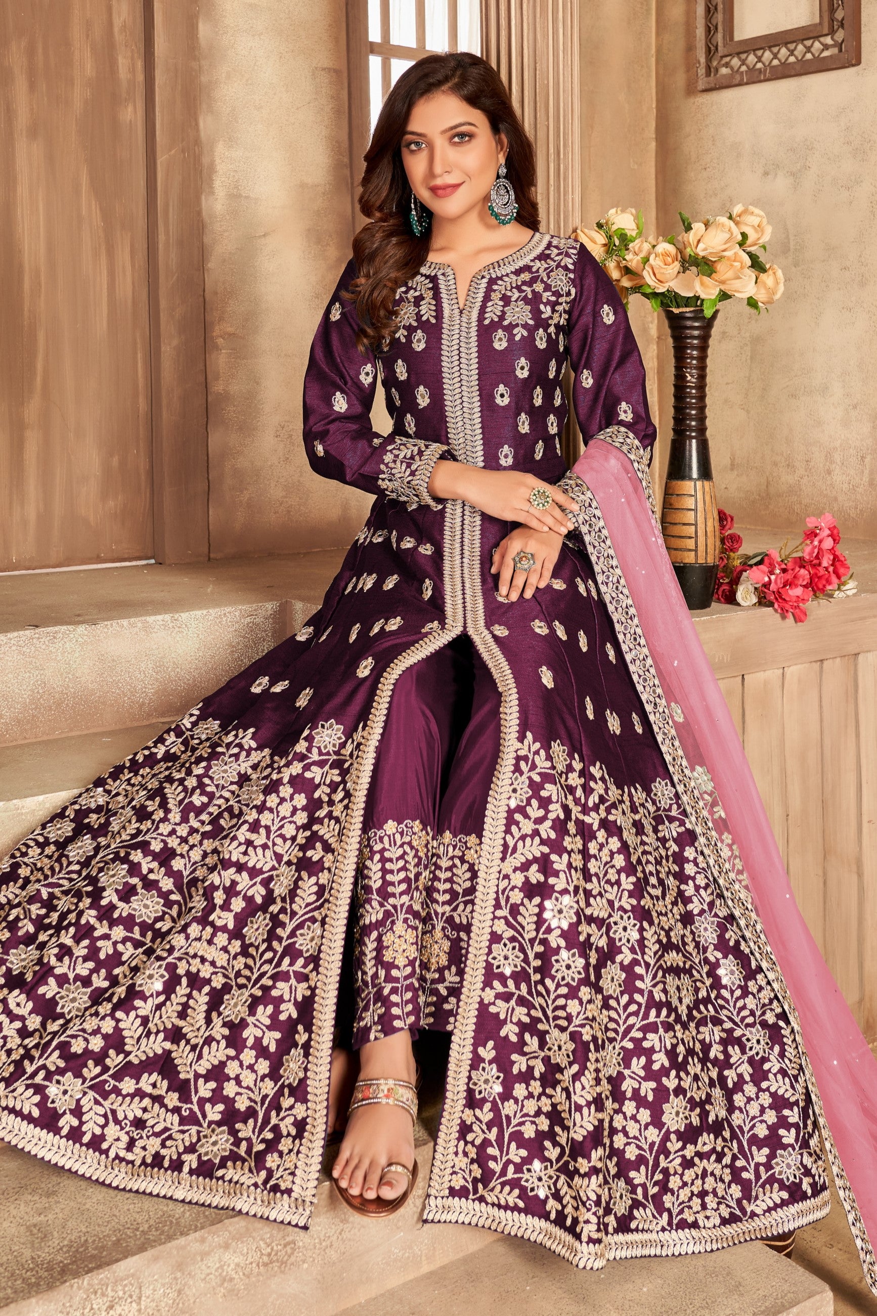 Plum Art Silk Indian Anarkali Dress with Mirror Work