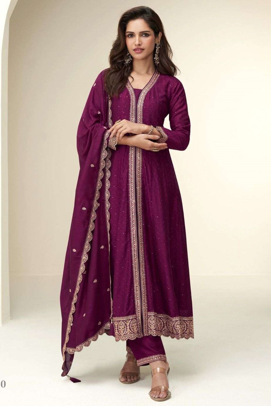 Plum Chinon Silk Thread Work Designer Anarkali Suits USA