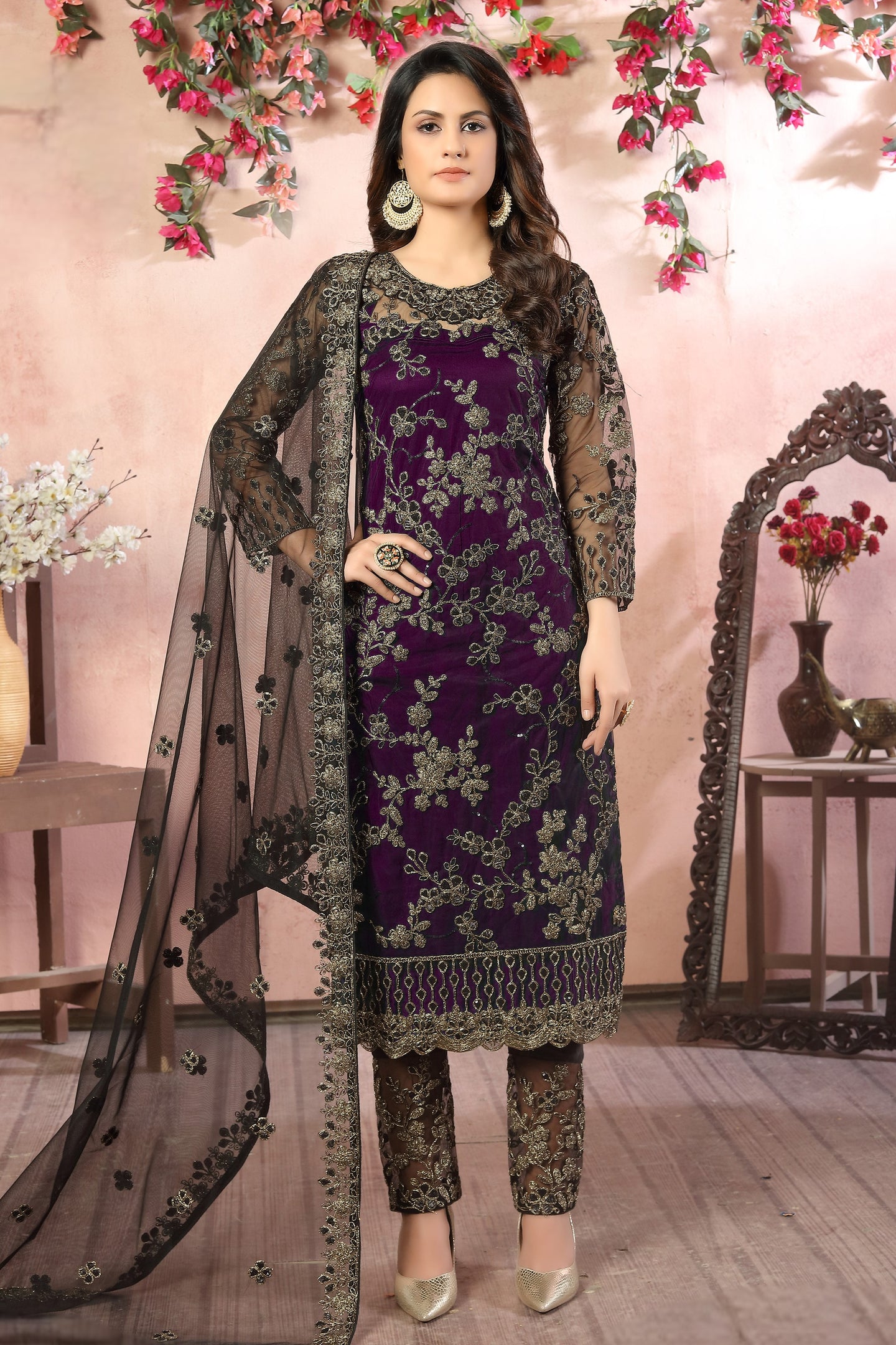 Plum Net Kameez with Pant Traditional Pakistani Clothing