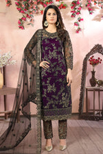 Plum Net Kameez with Pant Traditional Pakistani Clothing