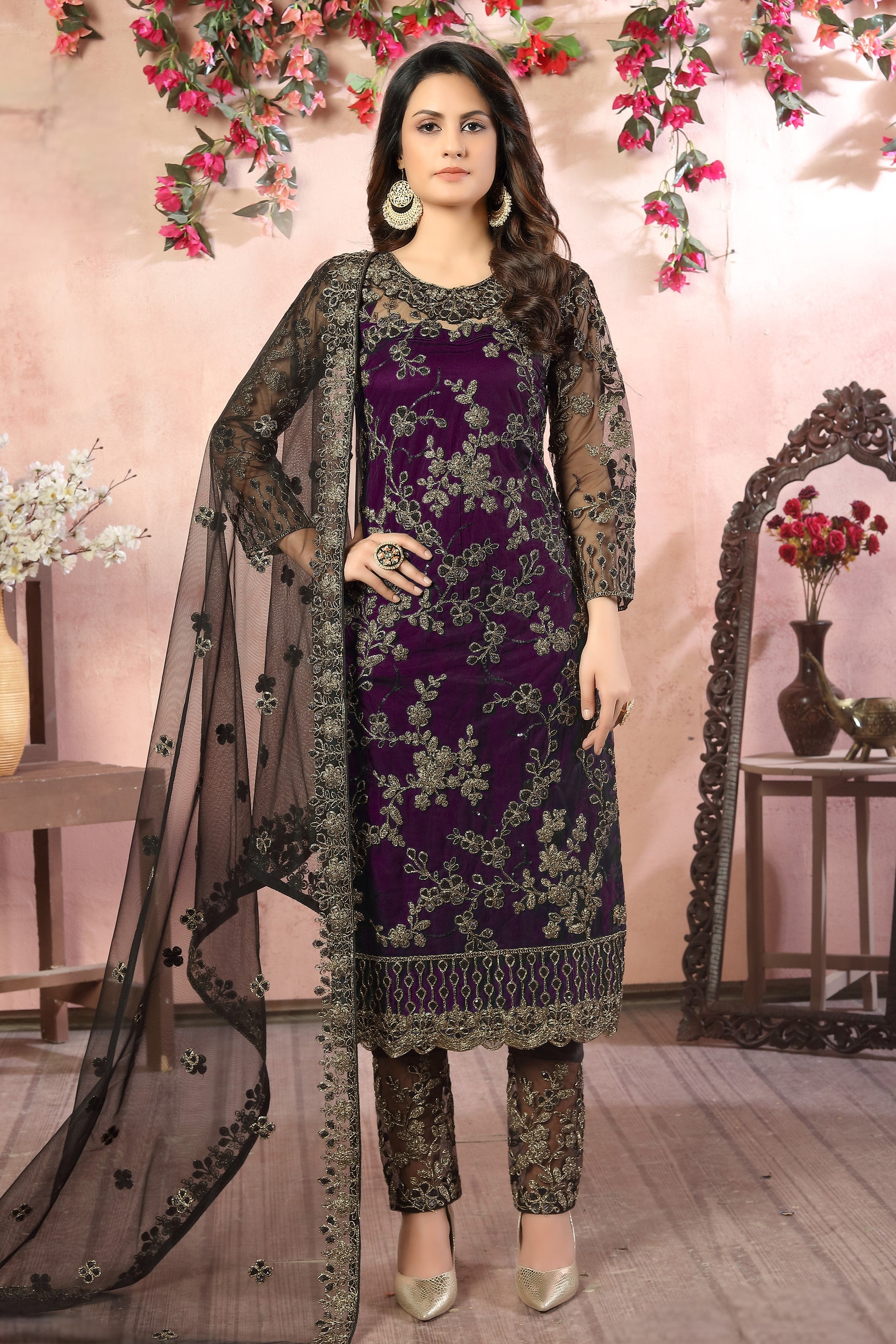Plum Net Kameez with Pant Traditional Pakistani Clothing