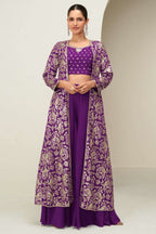 Plum Chinon Silk Crop Top with Jacket and Palazzo with Thread and Sequins Embroidery