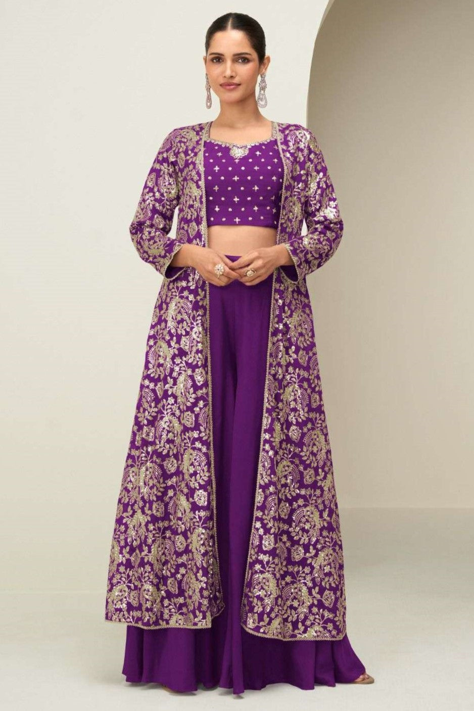 Plum Chinon Silk Crop Top with Jacket and Palazzo with Thread and Sequins Embroidery