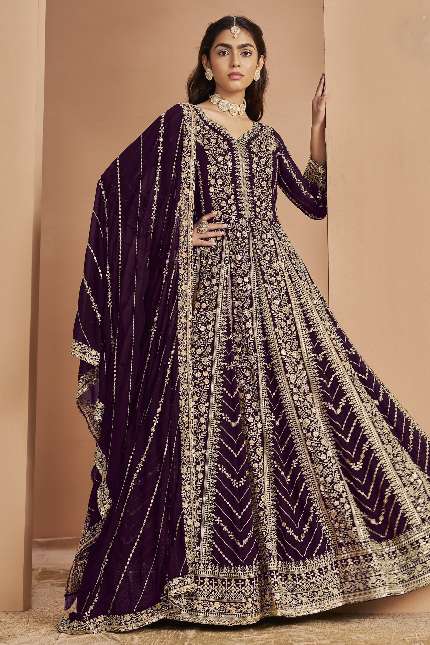 Plum Georgette Anarkali Dress for Reception with Thread and Sequins Work