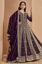Plum Georgette Anarkali Dress for Reception with Thread and Sequins Work