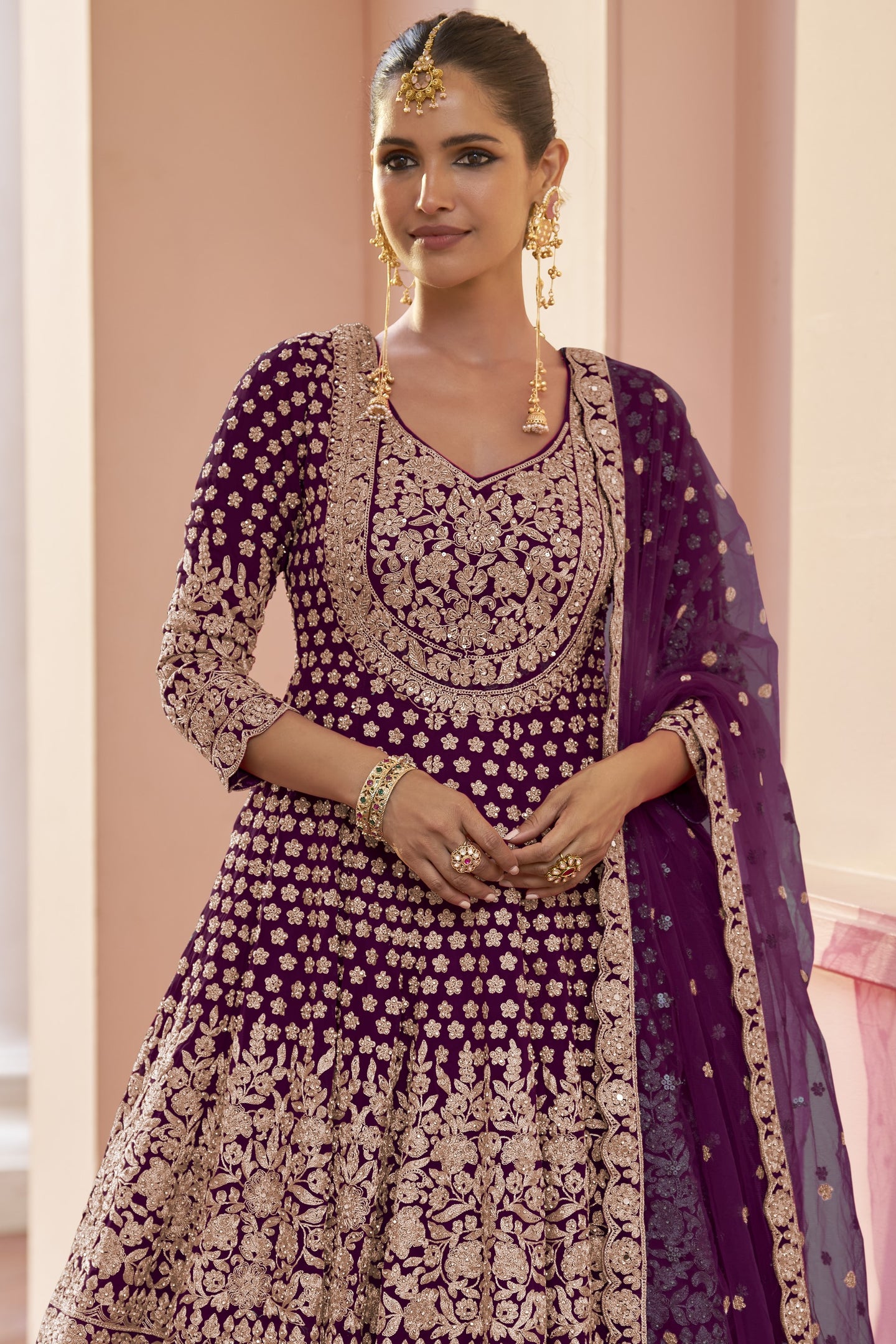 Pakistani Dress Plum Georgette Kameez with Skirt Dori Stone Work