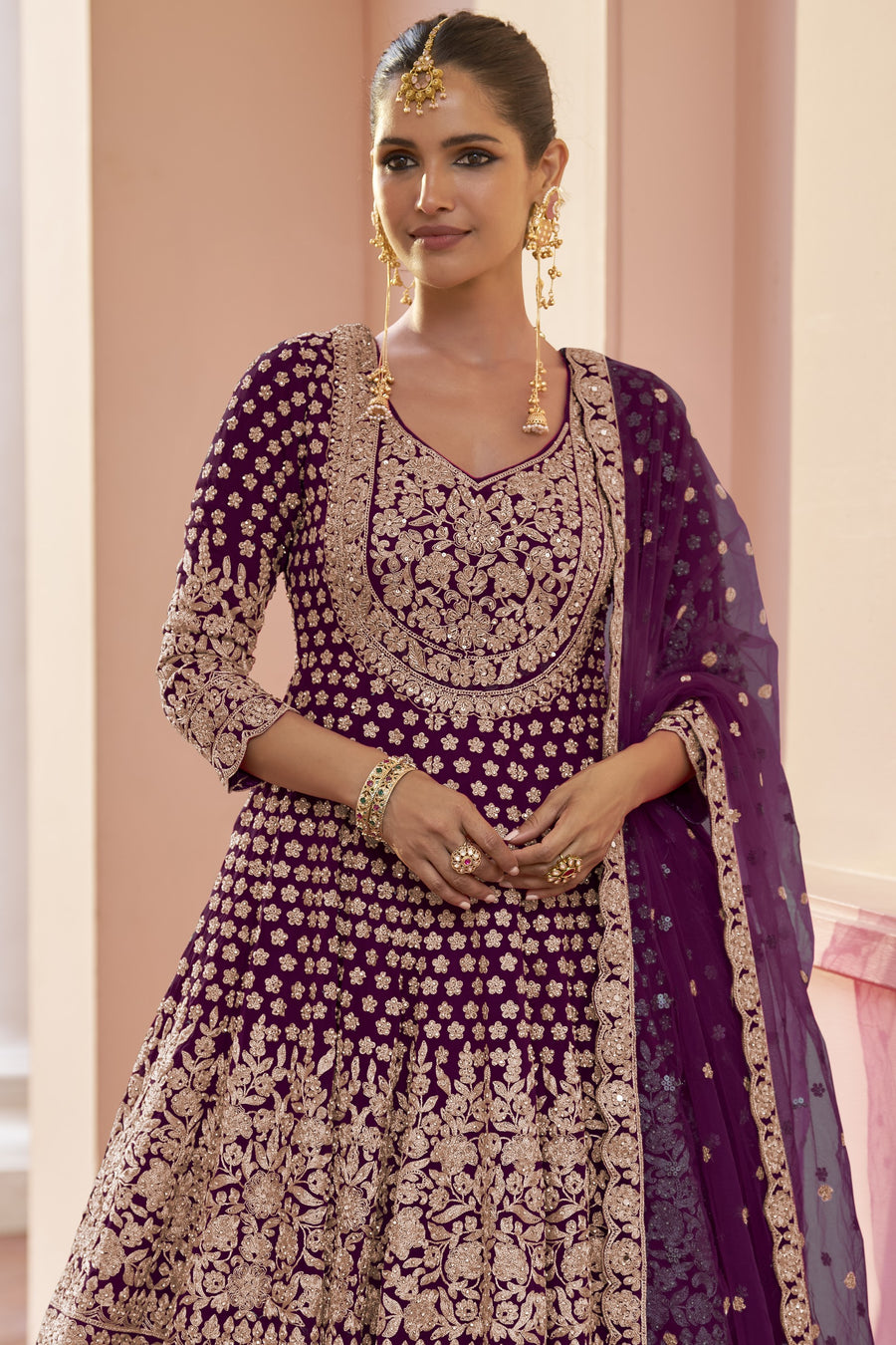 Pakistani Dress Plum Georgette Kameez with Skirt Dori Stone Work