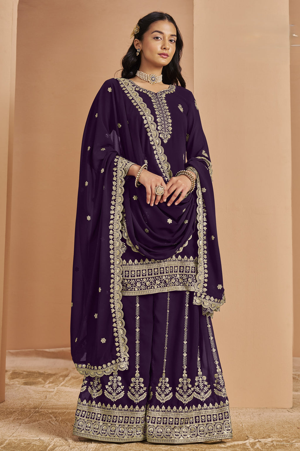 Plum Georgette Latest Plazo Design for Wedding with Thread and Sequins Embroidery