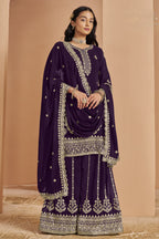 Plum Georgette Latest Plazo Design for Wedding with Thread and Sequins Embroidery