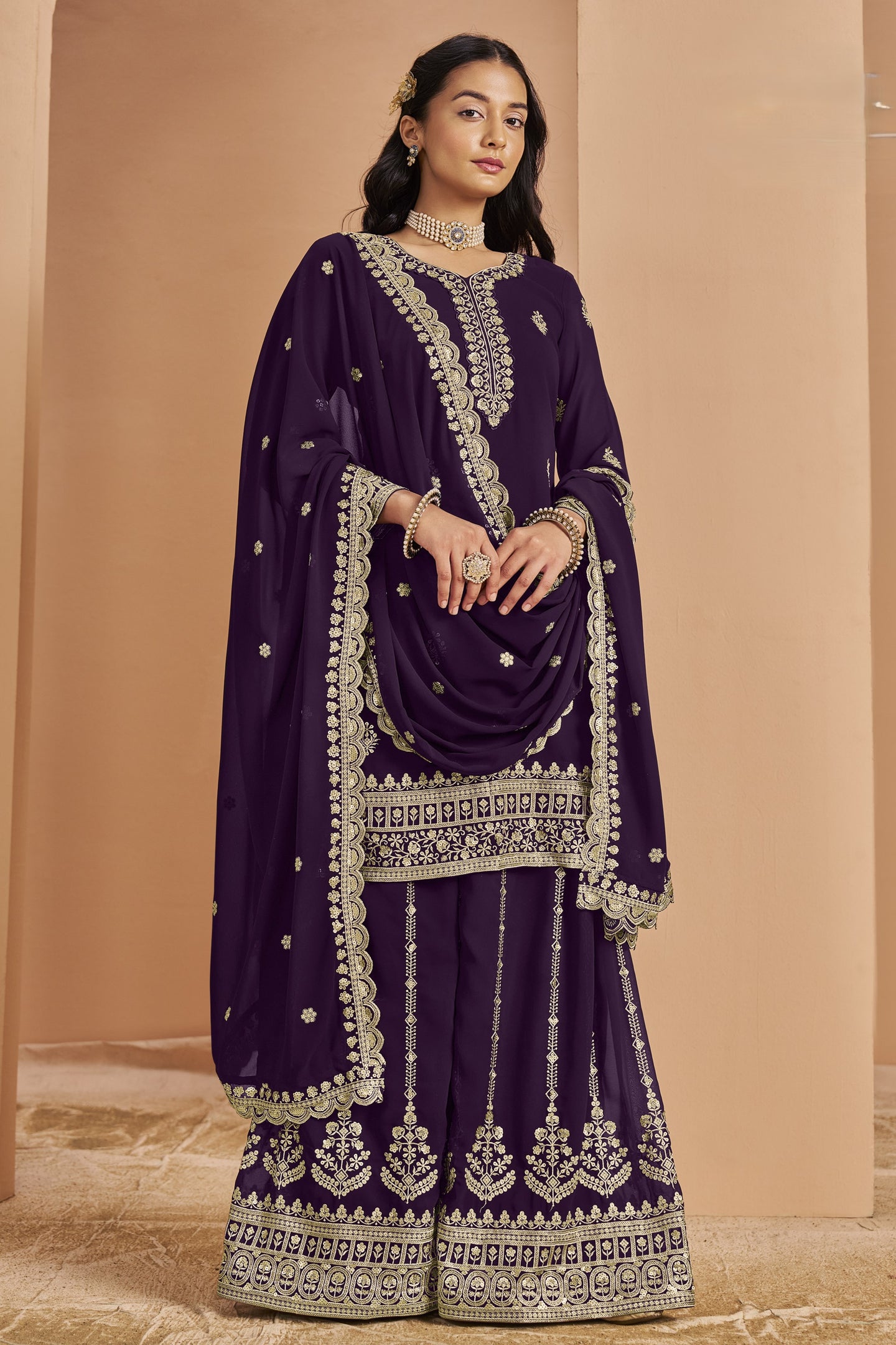 Plum Georgette Latest Plazo Design for Wedding with Thread and Sequins Embroidery