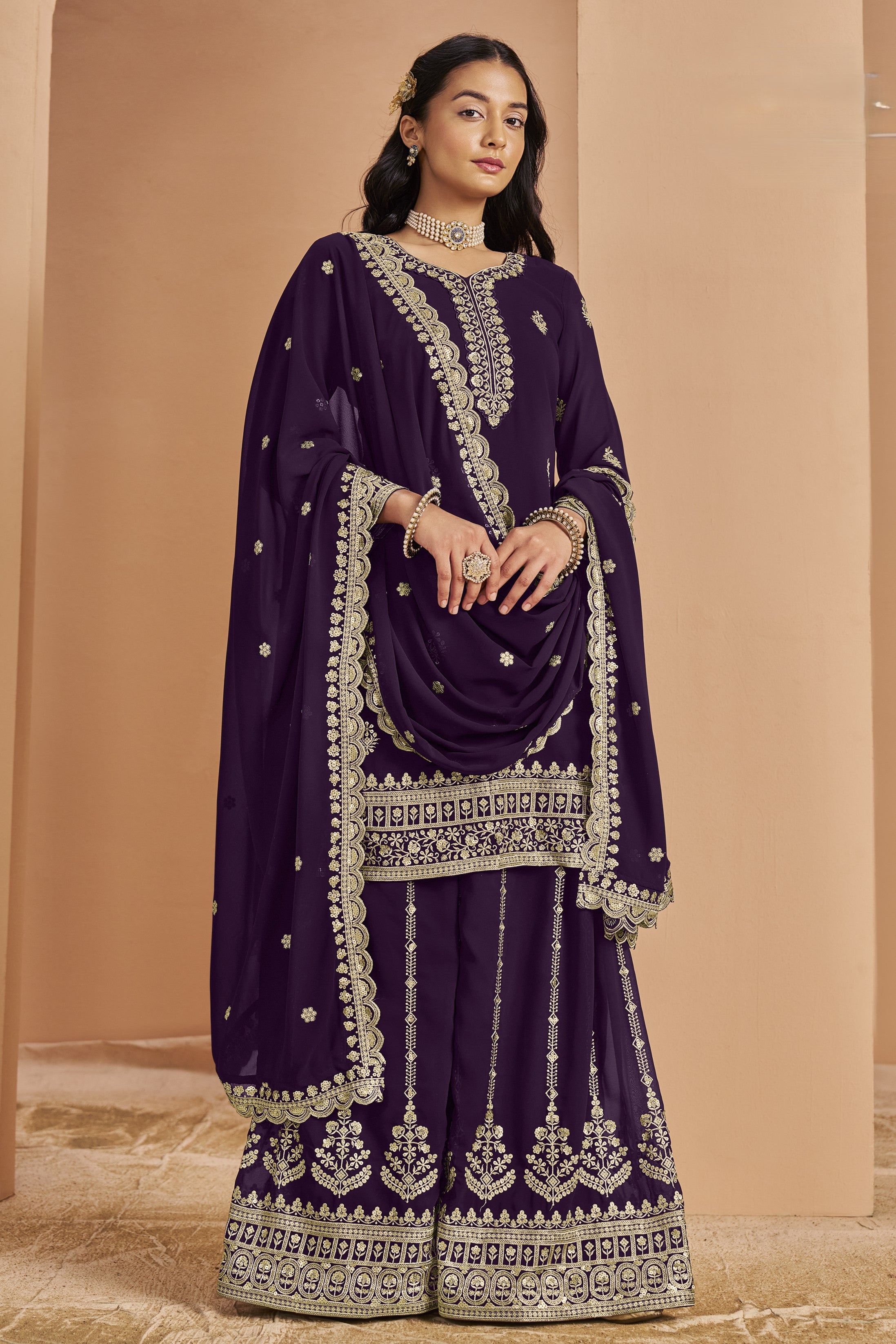 Plum Georgette Latest Plazo Design for Wedding with Thread and Sequins Embroidery