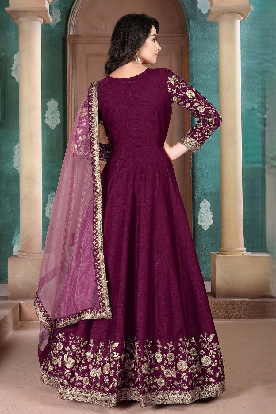 Plum Chinon Silk Anarkali Indian Party Wear Dresses with Thread Embroidery