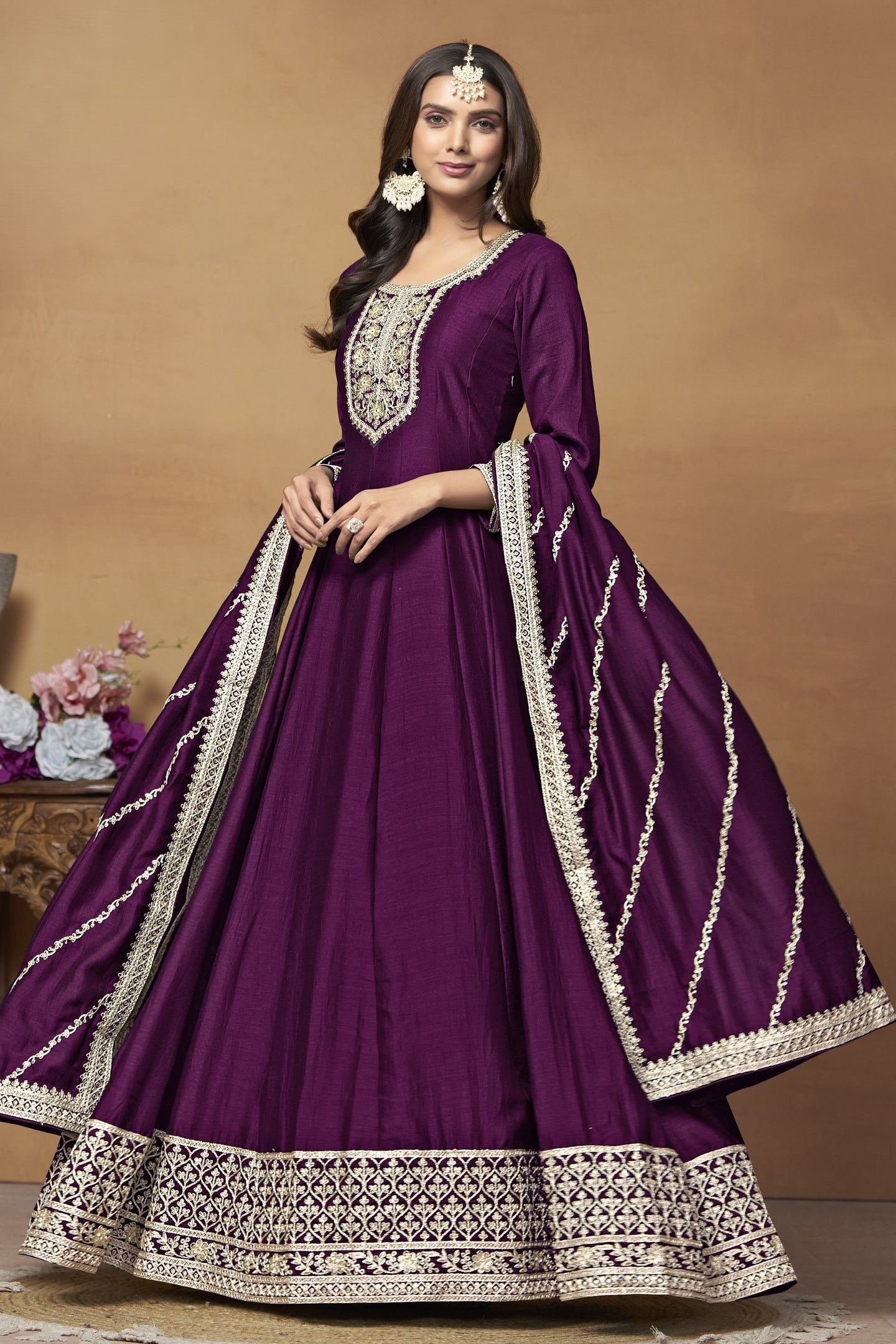 Plum Art Silk Plain Anarkali Suit with Sequins and Dori Work