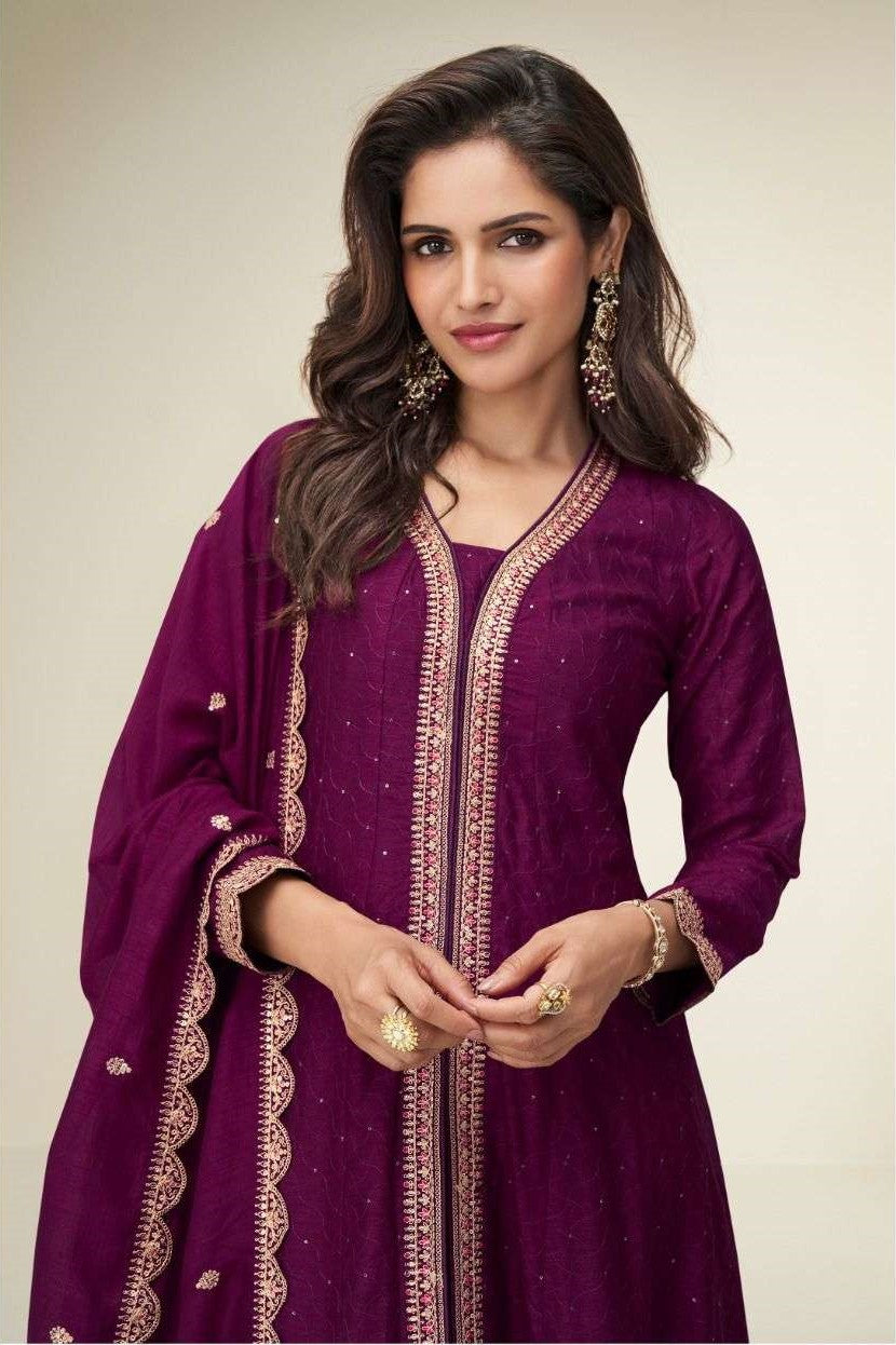 Plum Chinon Silk Thread Work Designer Anarkali Suits USA