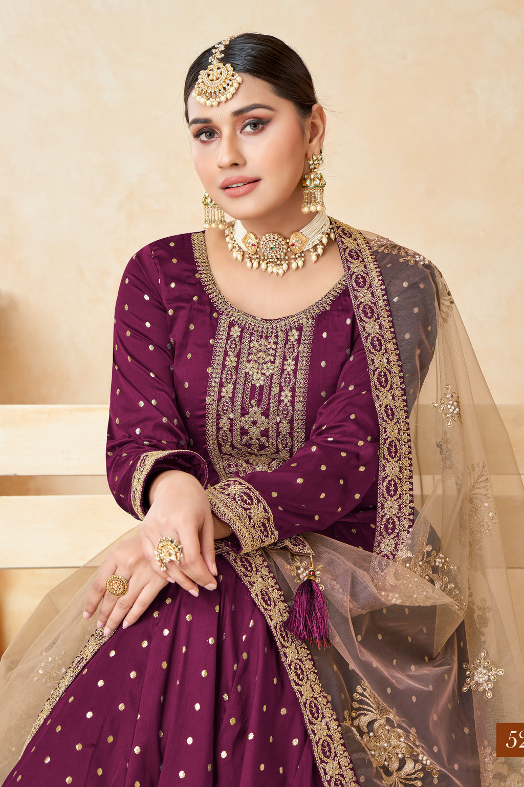 Plum Taffeta Silk Gown Dress for Ladies with Embroidery Work