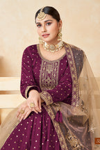 Plum Taffeta Silk Gown Dress for Ladies with Embroidery Work