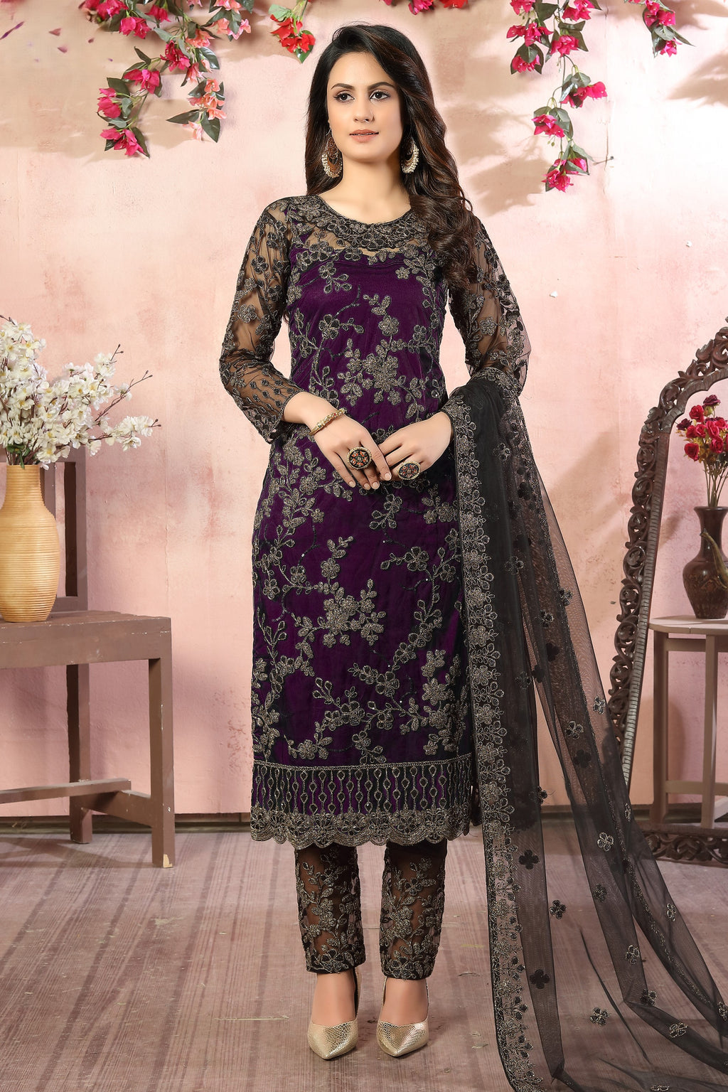 Plum Net Kameez with Pant Traditional Pakistani Clothing