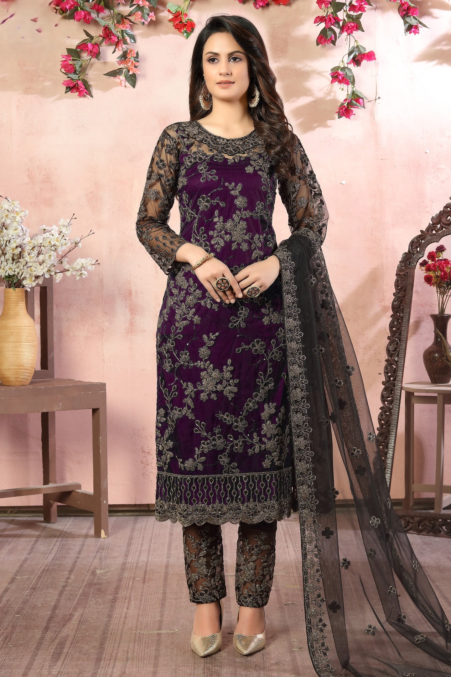 Plum Net Kameez with Pant Traditional Pakistani Clothing