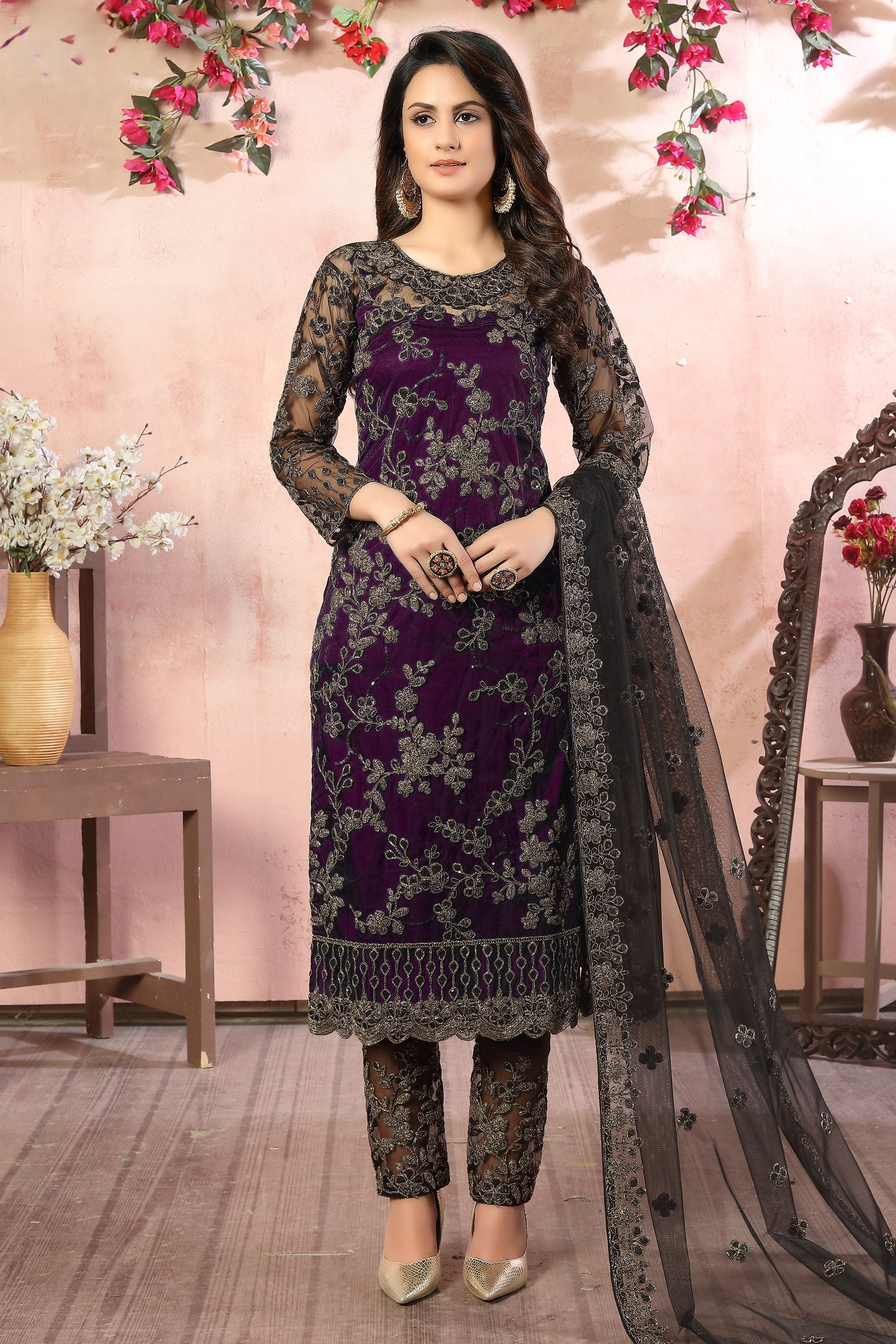 Plum Net Kameez with Pant Traditional Pakistani Clothing