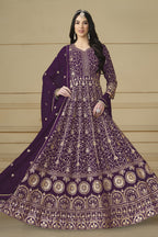 Plum Georgette Anarkali Dress with Thread and Sequins Embroidery Work