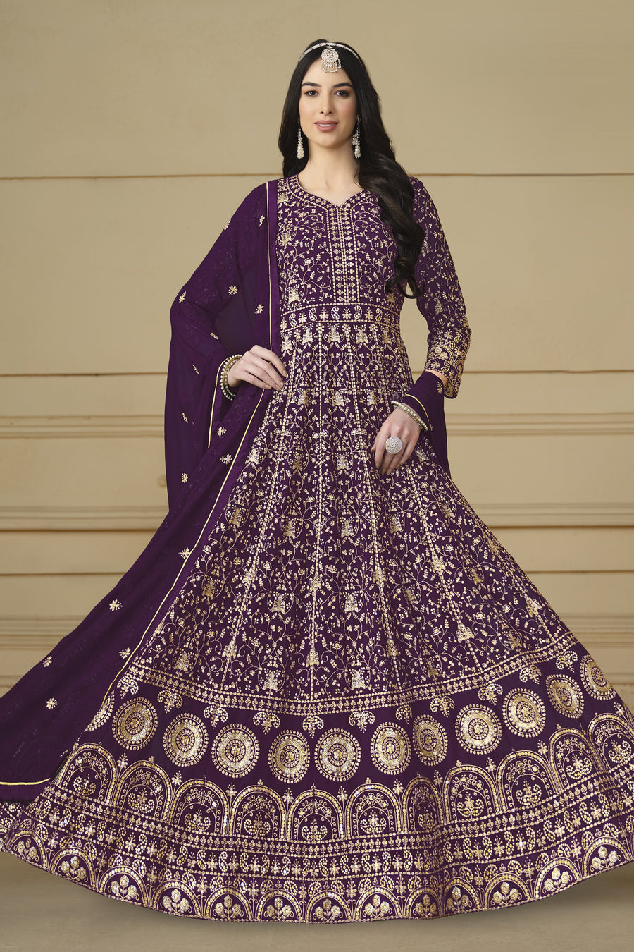 Plum Georgette Anarkali Dress with Thread and Sequins Embroidery Work