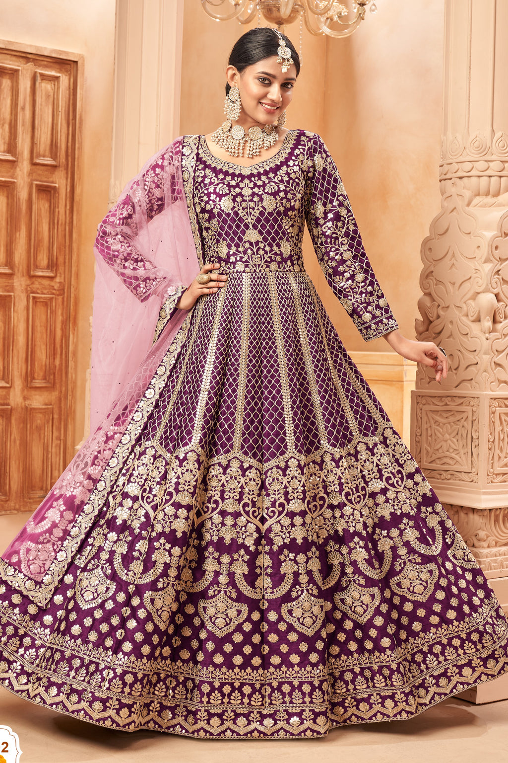 Plum Art Silk Anarkali Pakistani Dresses Traditional with Thread Embroidery Work