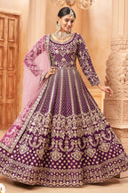 Plum Art Silk Anarkali Pakistani Dresses Traditional with Thread Embroidery Work