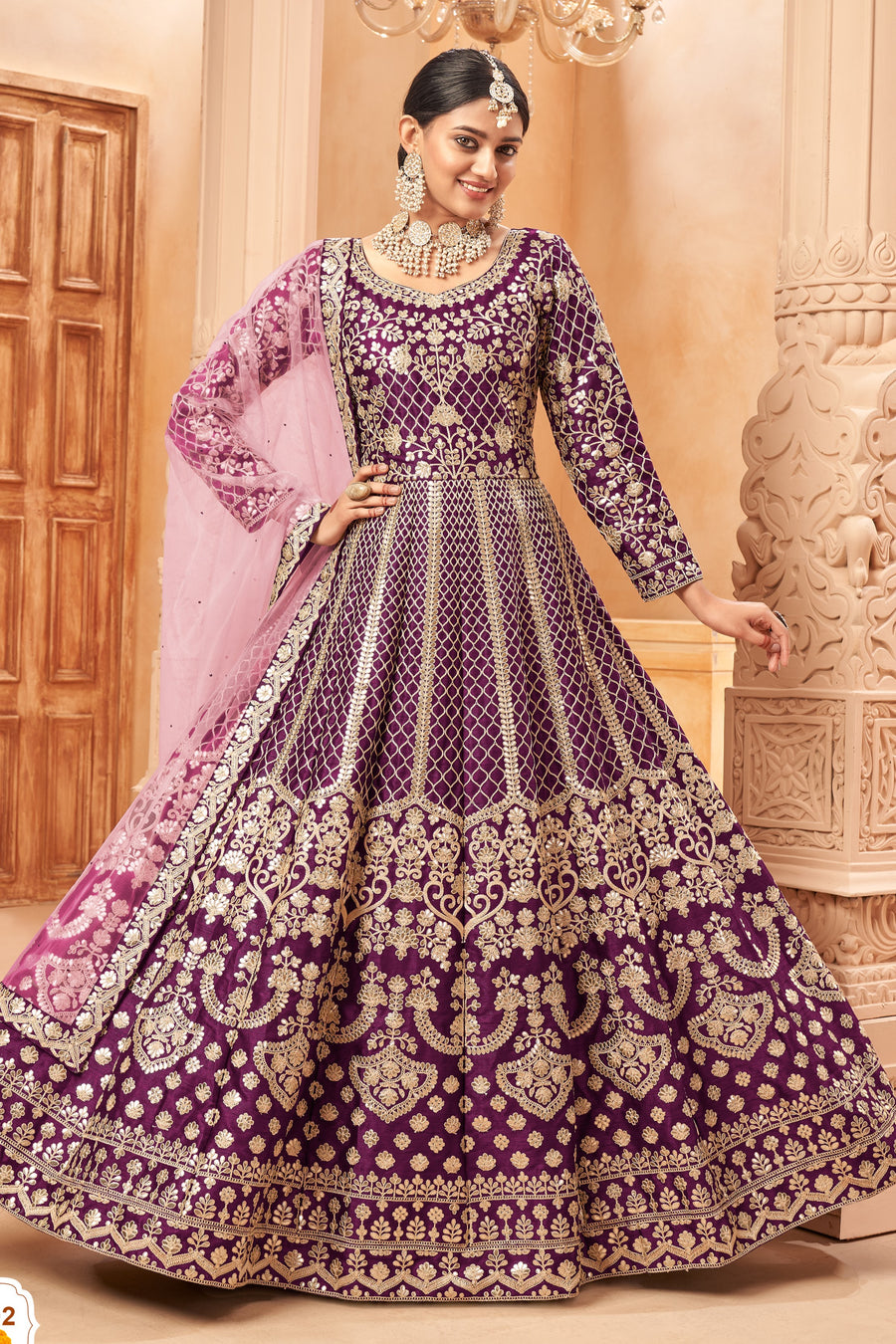 Plum Art Silk Anarkali Pakistani Dresses Traditional with Thread Embroidery Work