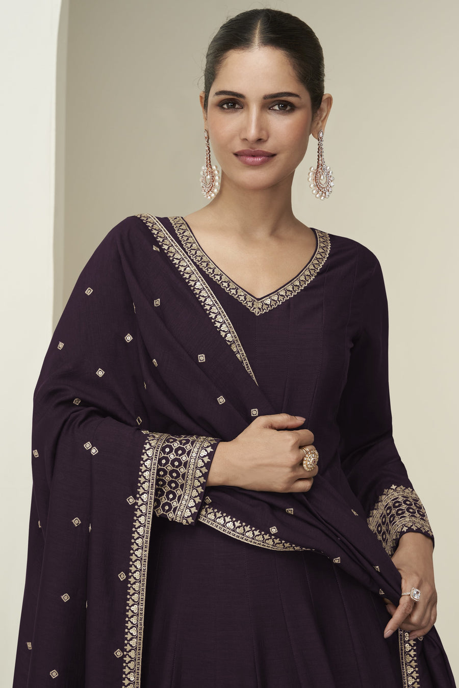 Plum Premium Silk Anarkali Dress for Wedding with Thread and Sequins Embroidery