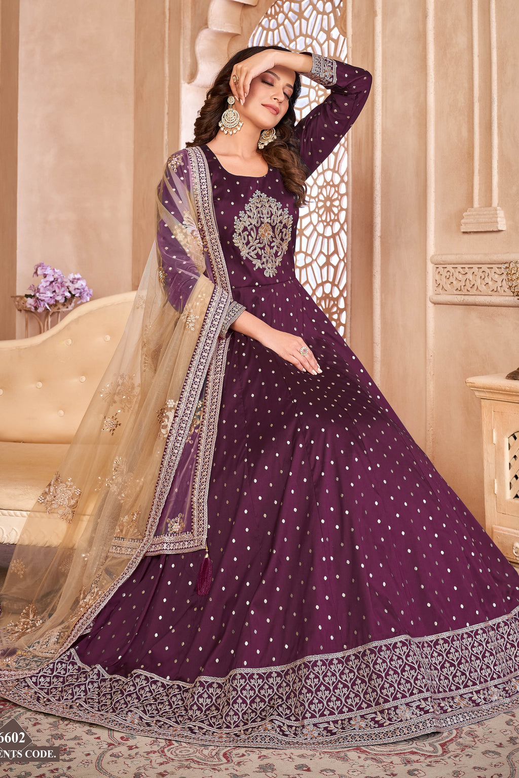 Plum Taffeta Silk Anarkali Suit for Ladies with Sequins Embroidery