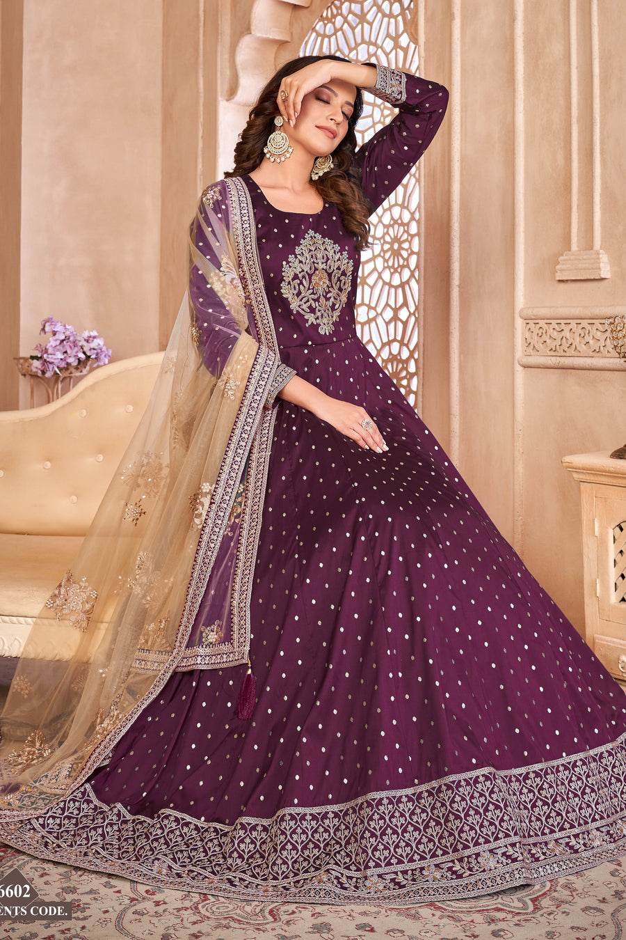 Plum Taffeta Silk Anarkali Suit for Ladies with Sequins Embroidery