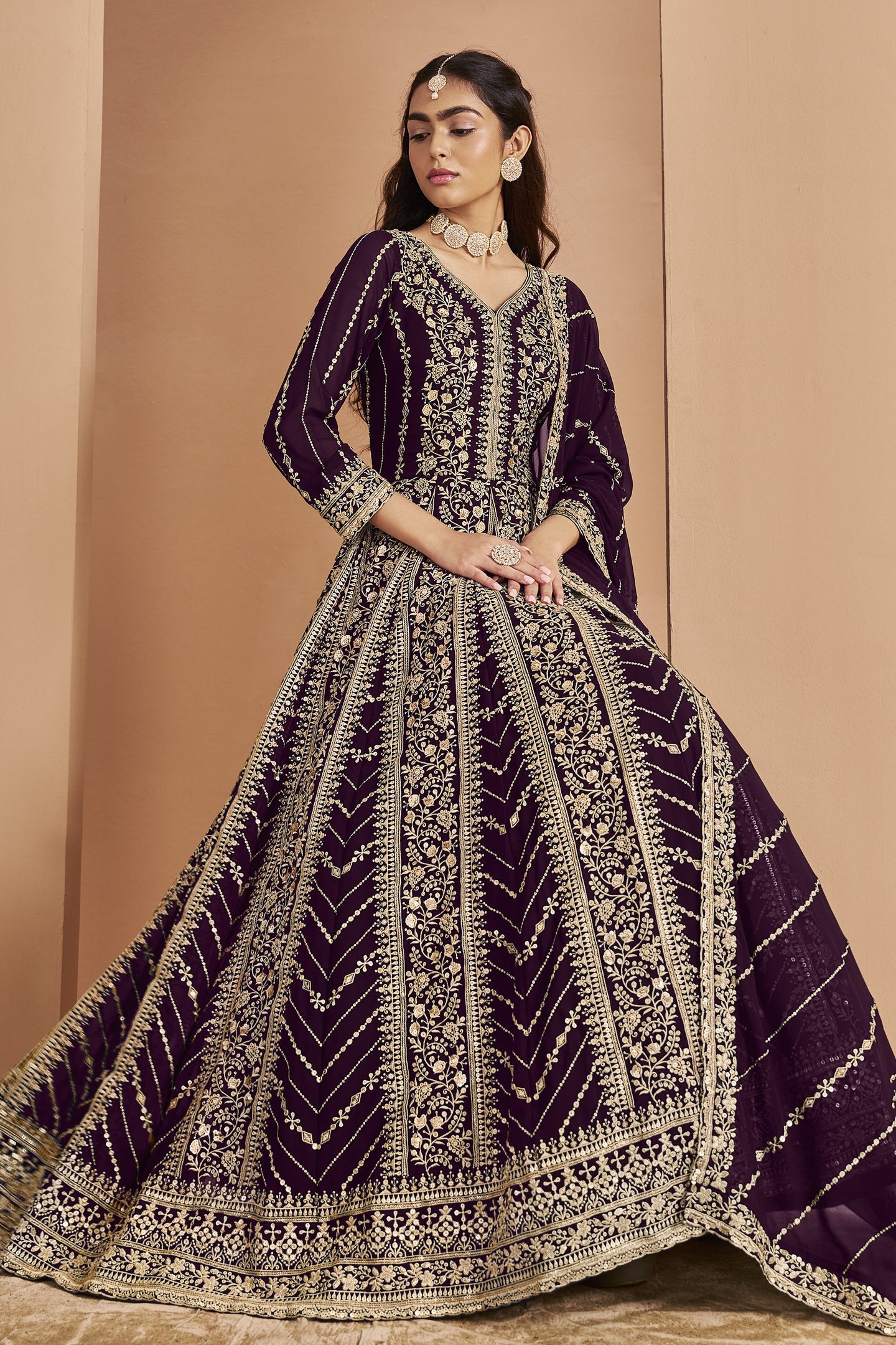 Plum Georgette Anarkali Dress for Reception with Thread and Sequins Work