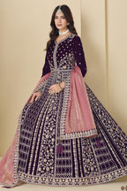 Plum Velvet Suit Women Anarkali with Dori and Sequins Work