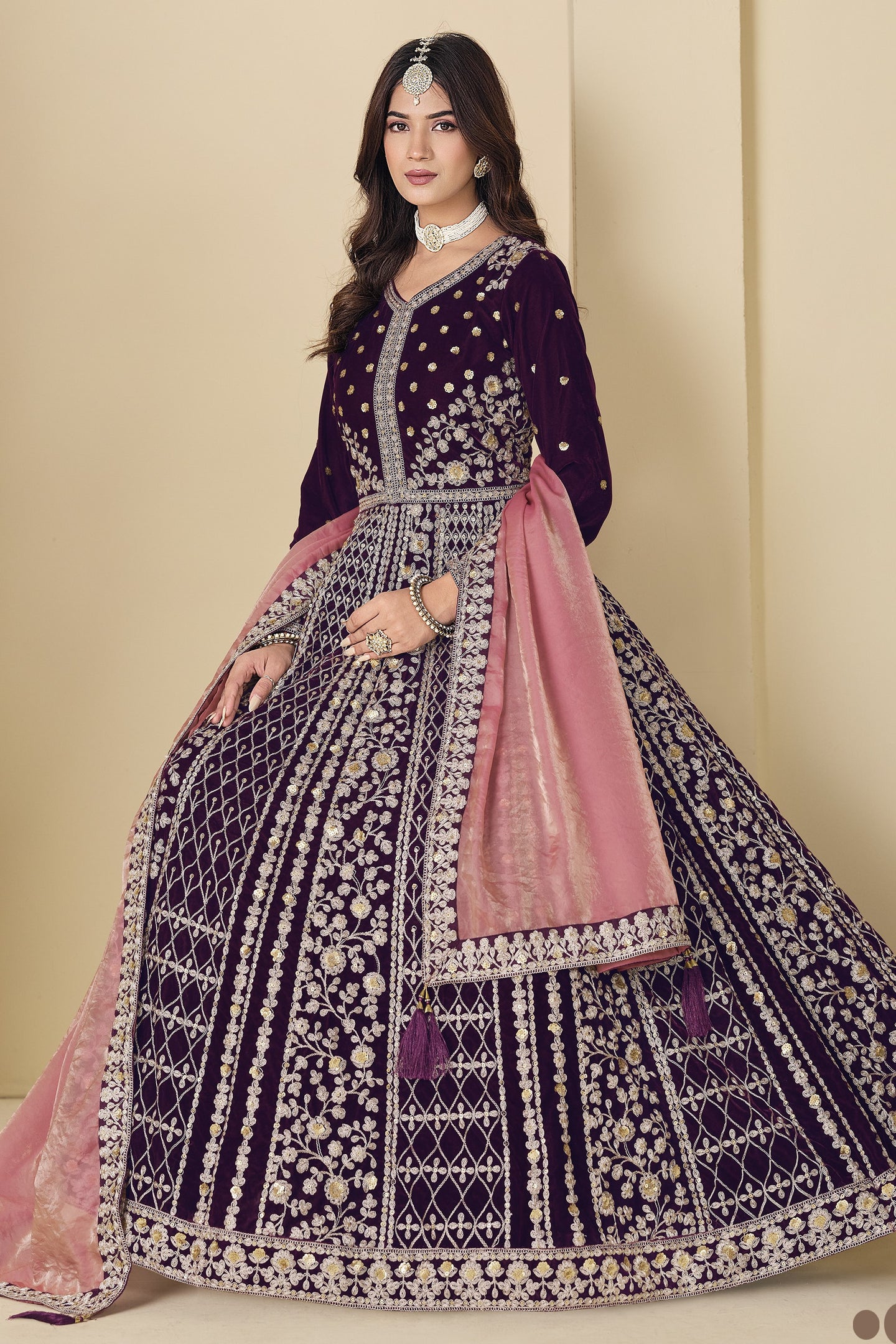 Plum Velvet Suit Women Anarkali with Dori and Sequins Work