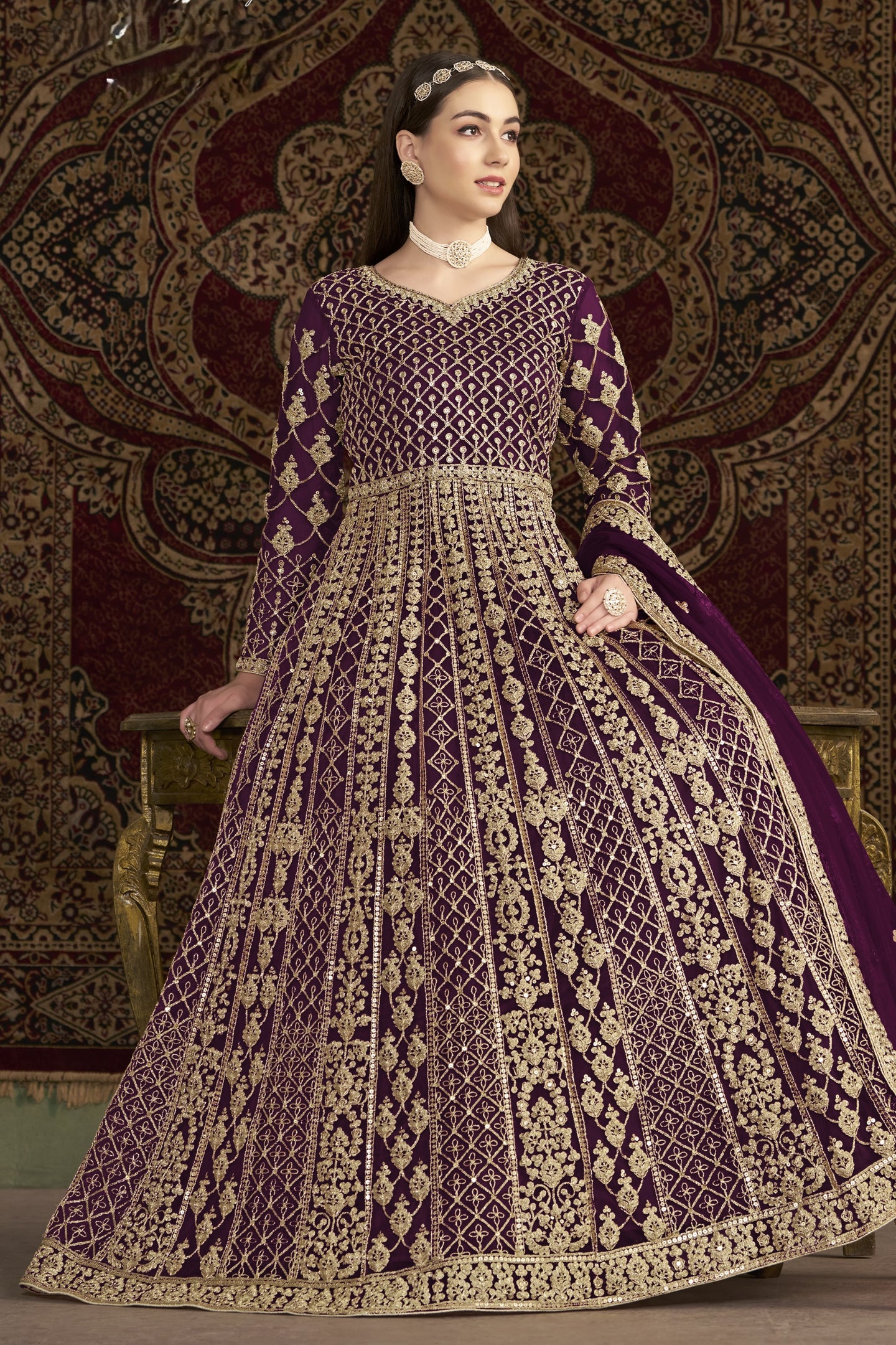 Plum Net Anarkali Suits for Wedding with Dori and Sequins Work