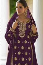 Plum Straight Cut Pakistani Suit with Sequins Thread Embroidery Chinon Silk Palazzo Suit