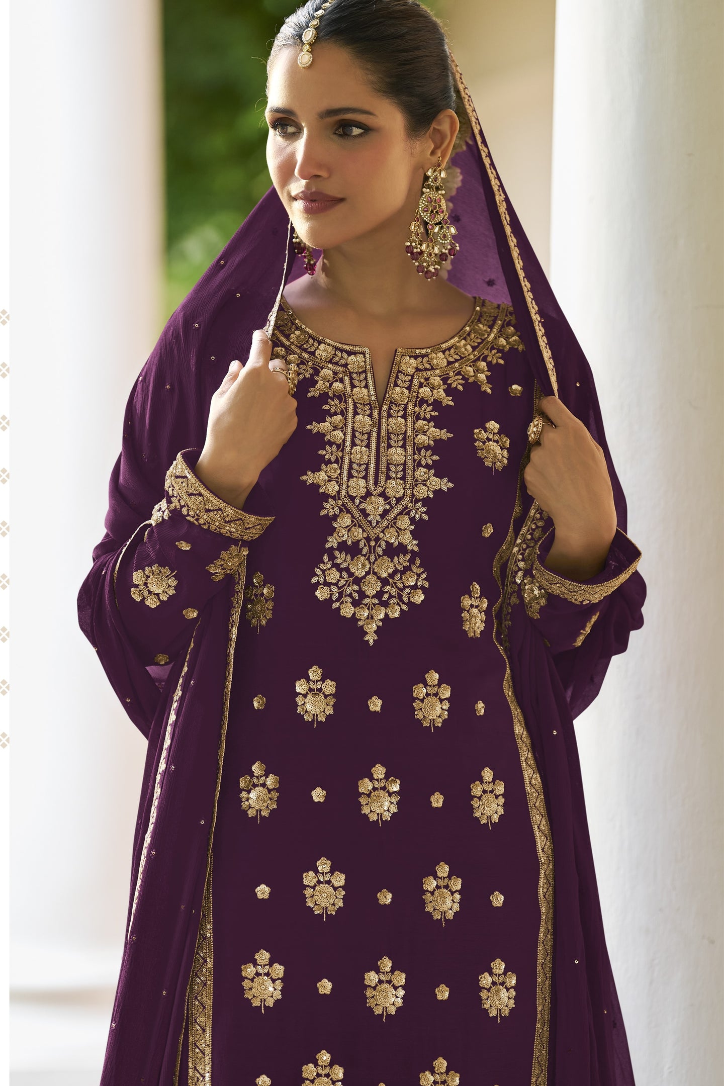 Plum Straight Cut Pakistani Suit with Sequins Thread Embroidery Chinon Silk Palazzo Suit