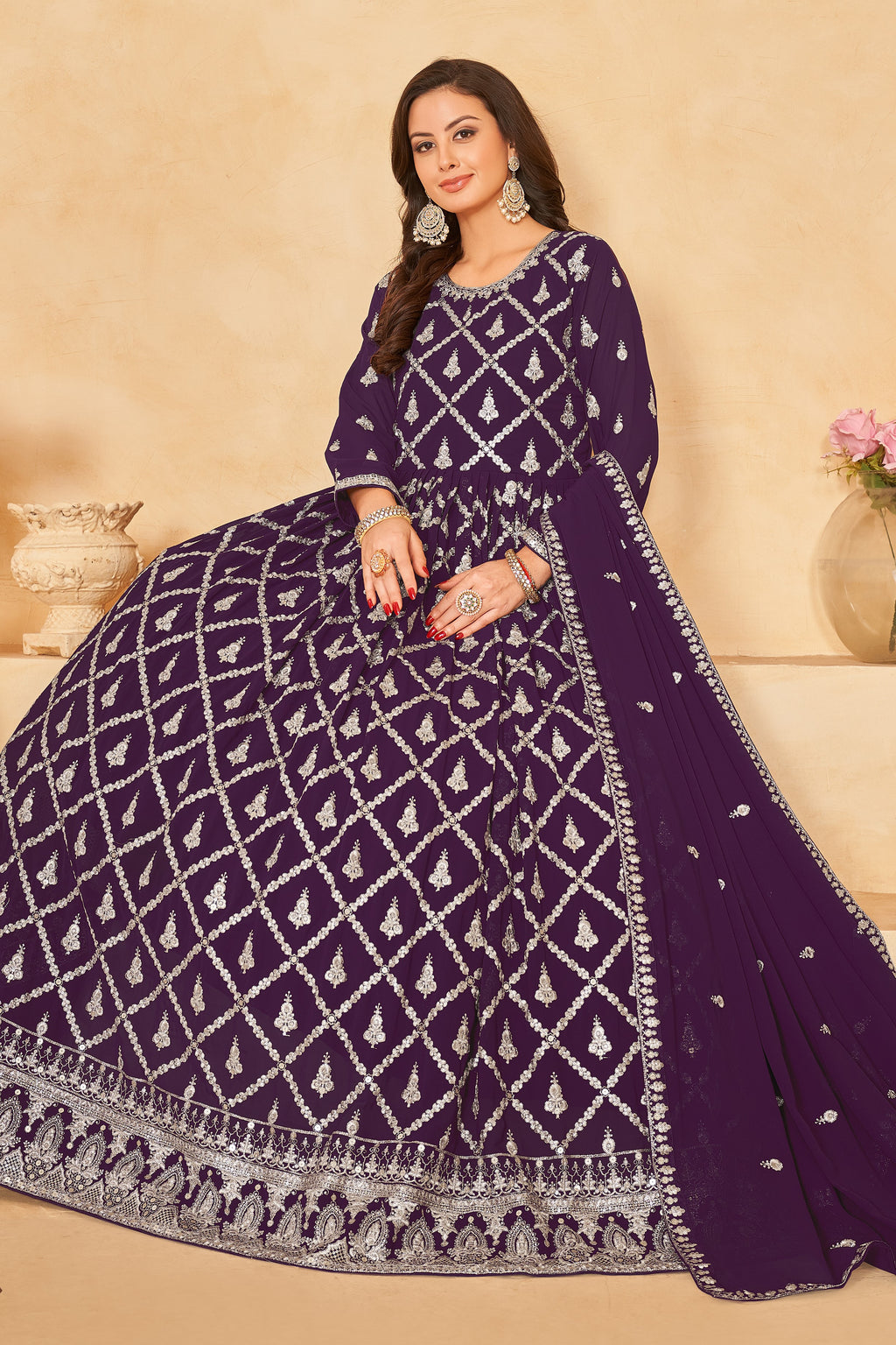 Plum Georgette Sequins and Thread Work Anarkali Wear Suit