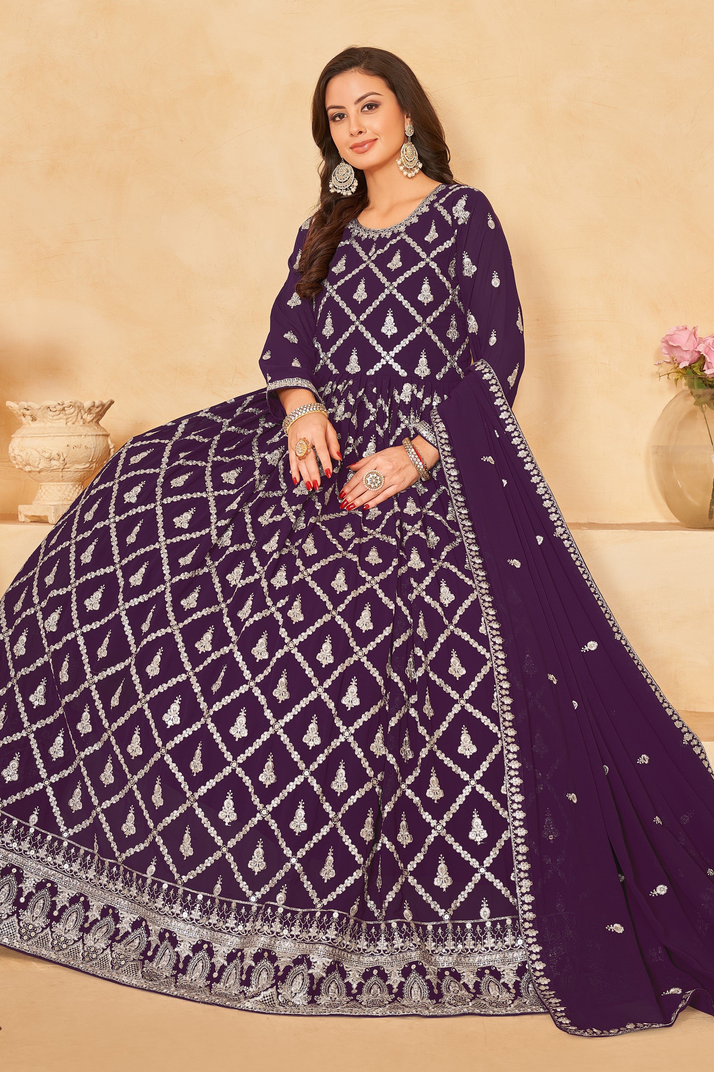 Plum Georgette Sequins and Thread Work Anarkali Wear Suit