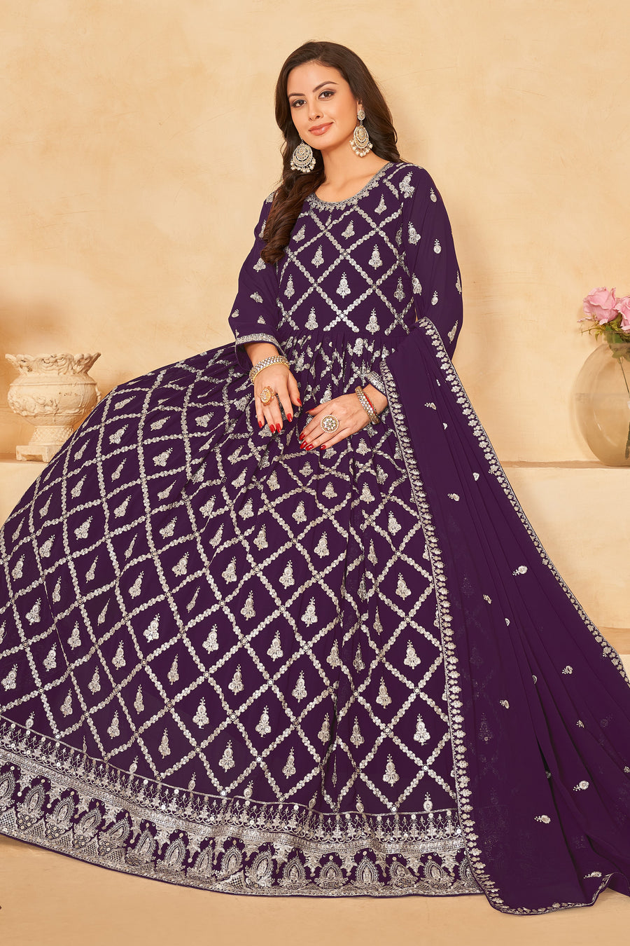 Plum Georgette Sequins and Thread Work Anarkali Wear Suit